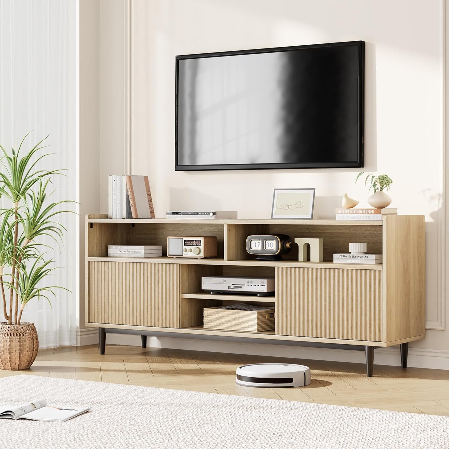 Modern Oak TV Stand, 70 inch, Storage & Sliding Doors