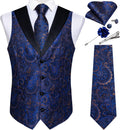 Mens Blue Paisley Suit Vest and Necktie Set - 7PC Formal Waistcoat