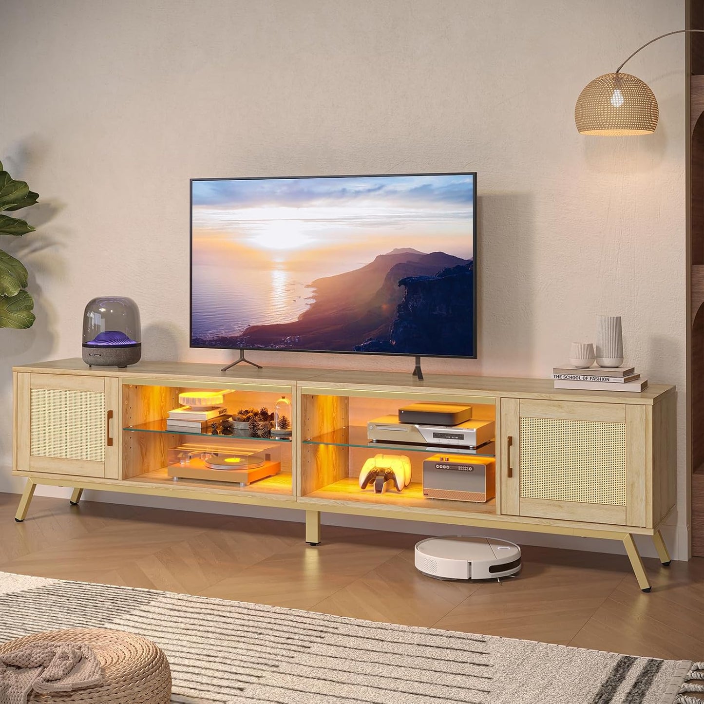 80 Inch Rattan TV Stand: Sleek Storage & LED Lighting