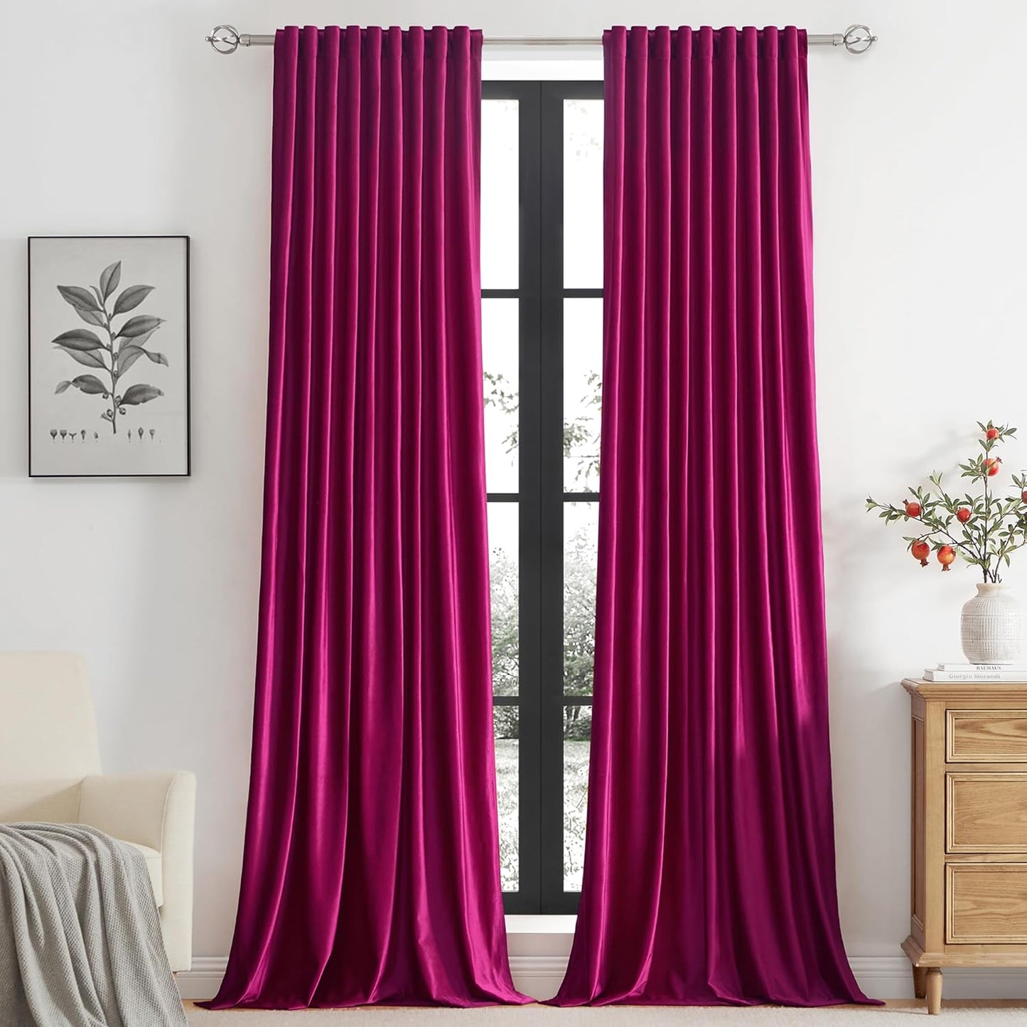 Hot Pink Velvet Curtains for Living Room - Room Darkening Drapes