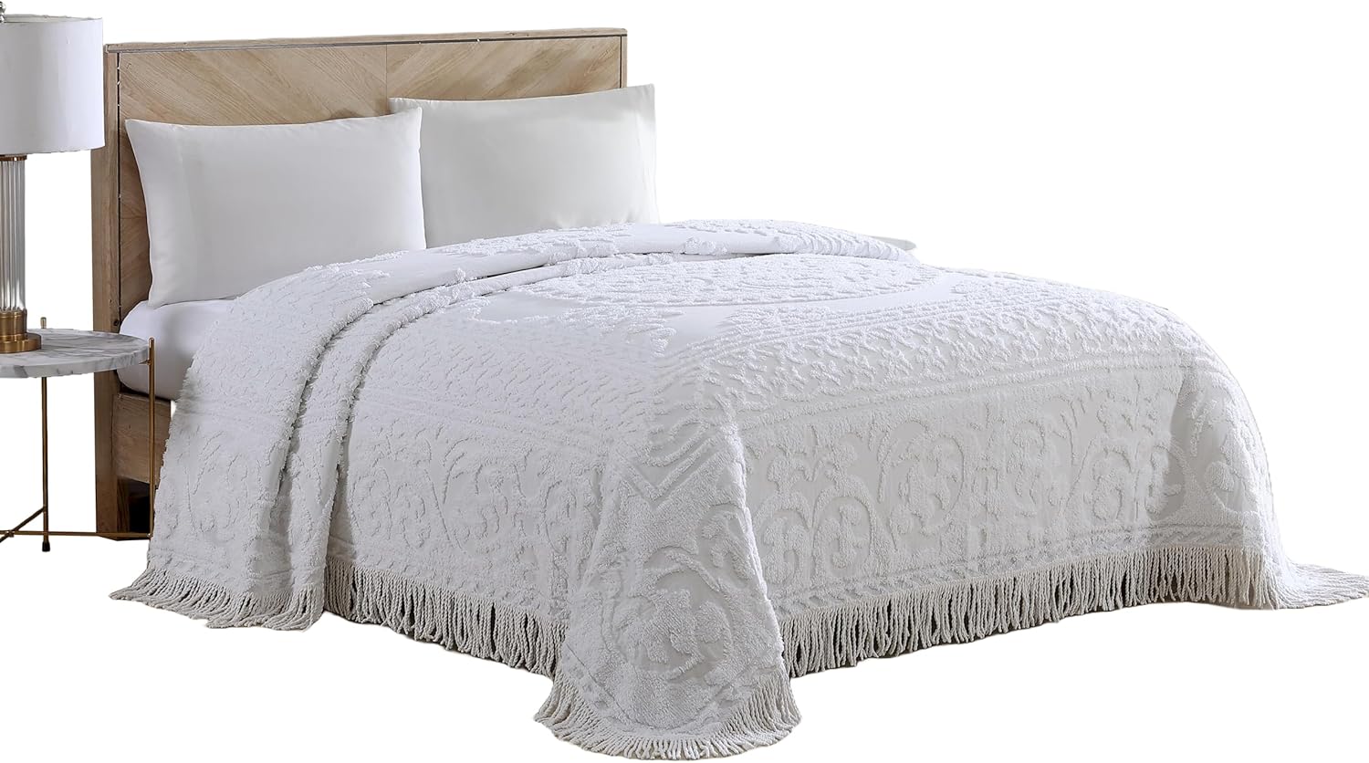 Medallion Chenille Bedspread for Queen Size Beds in White
