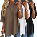 3 Pack Women's 3/4 Sleeve Waffle Knit Tops Oversized Crewneck - Loose