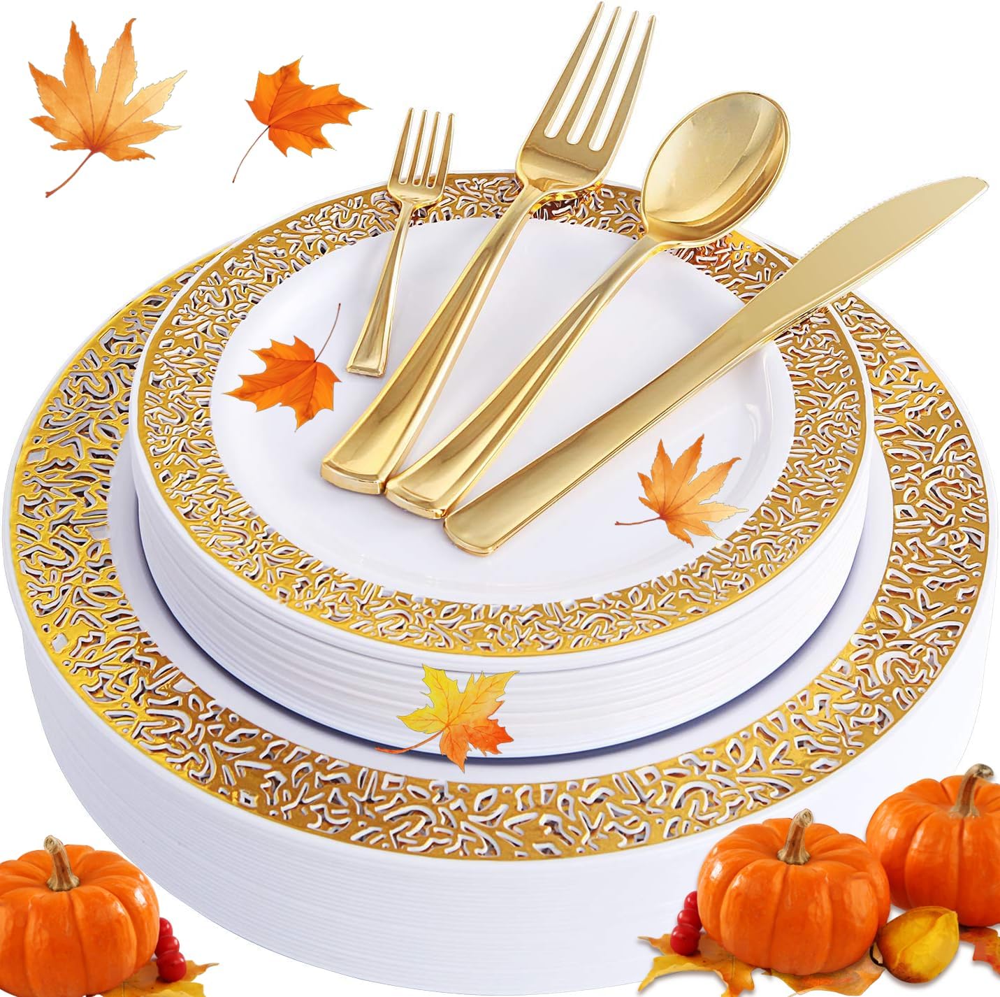 WDF Gold 150PCS Assorted Plates Set for Thanksgiving Events