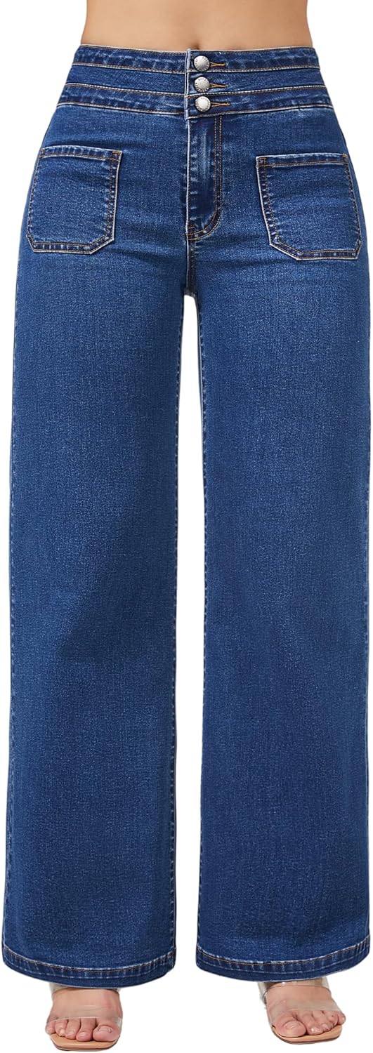 Roswear Wide Leg Jeans for Women - High Waist Stretchy Fit