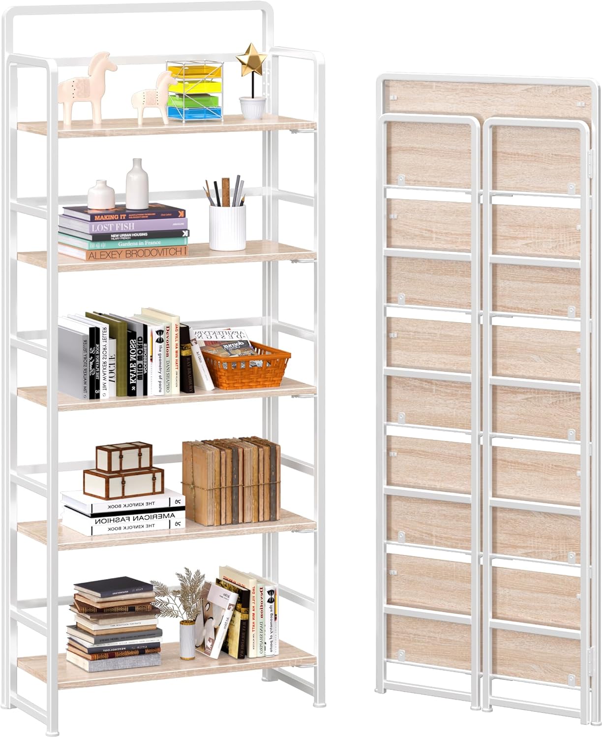 4NM No Assembly 5 Tiers Folding Bookshelf for Home Office