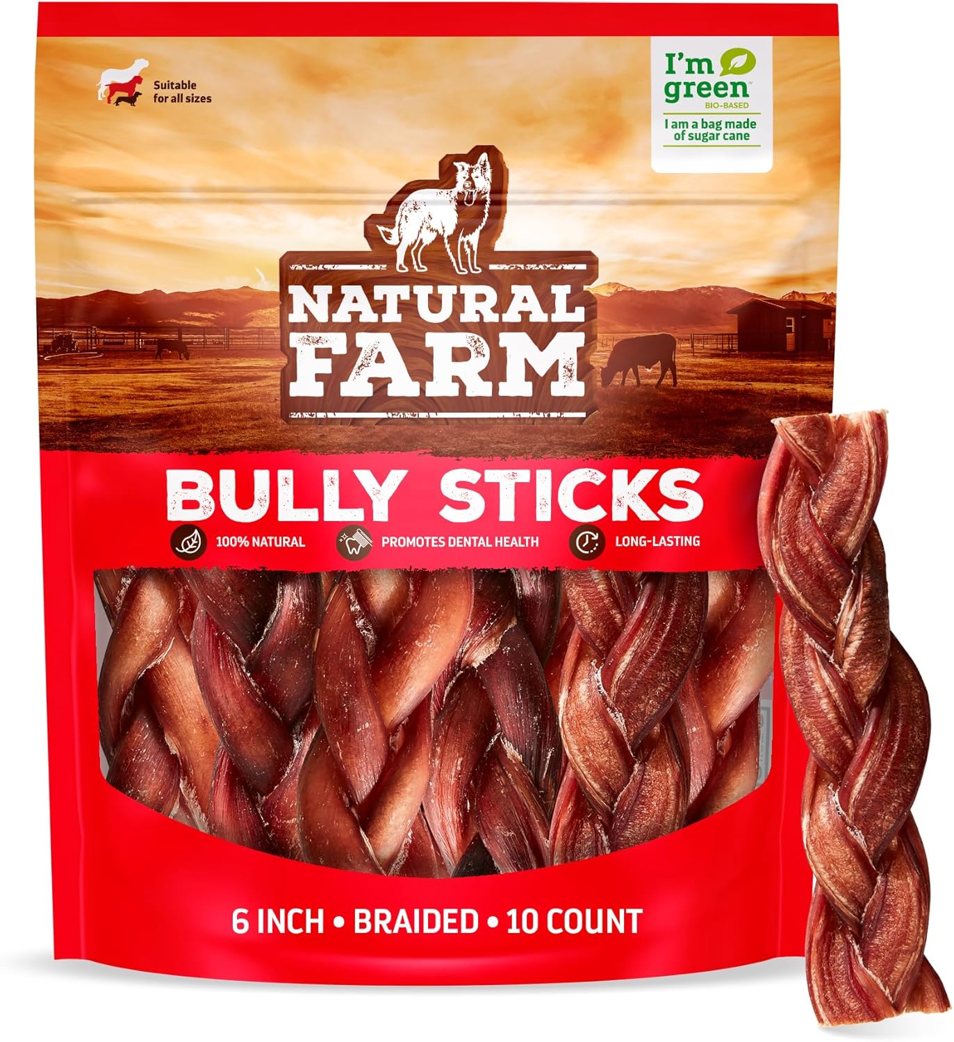 Natural Farm Odor-Free Braided Bully Sticks for Dogs 10 Pack