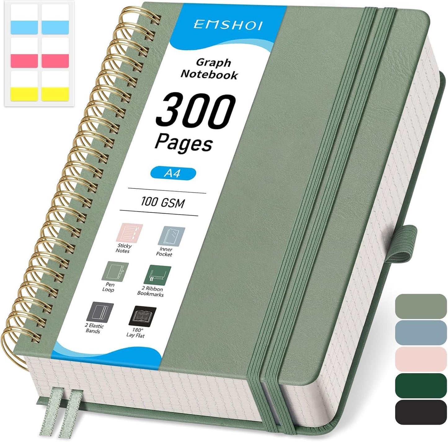 EMSHOI A4 Spiral Grid Notebook - 300 Pages, 100 GSM Heavyweight Paper, Ideal for Work & School