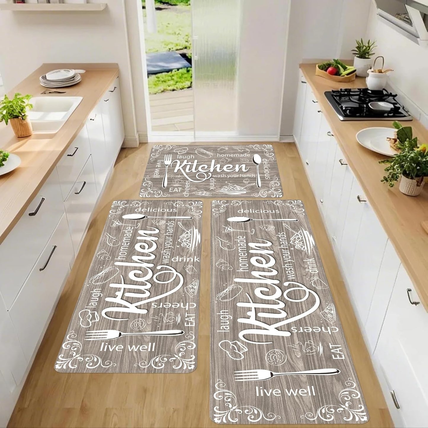 Non Slip Brown Nappa Leather Kitchen Mats for Floor Sets of 3