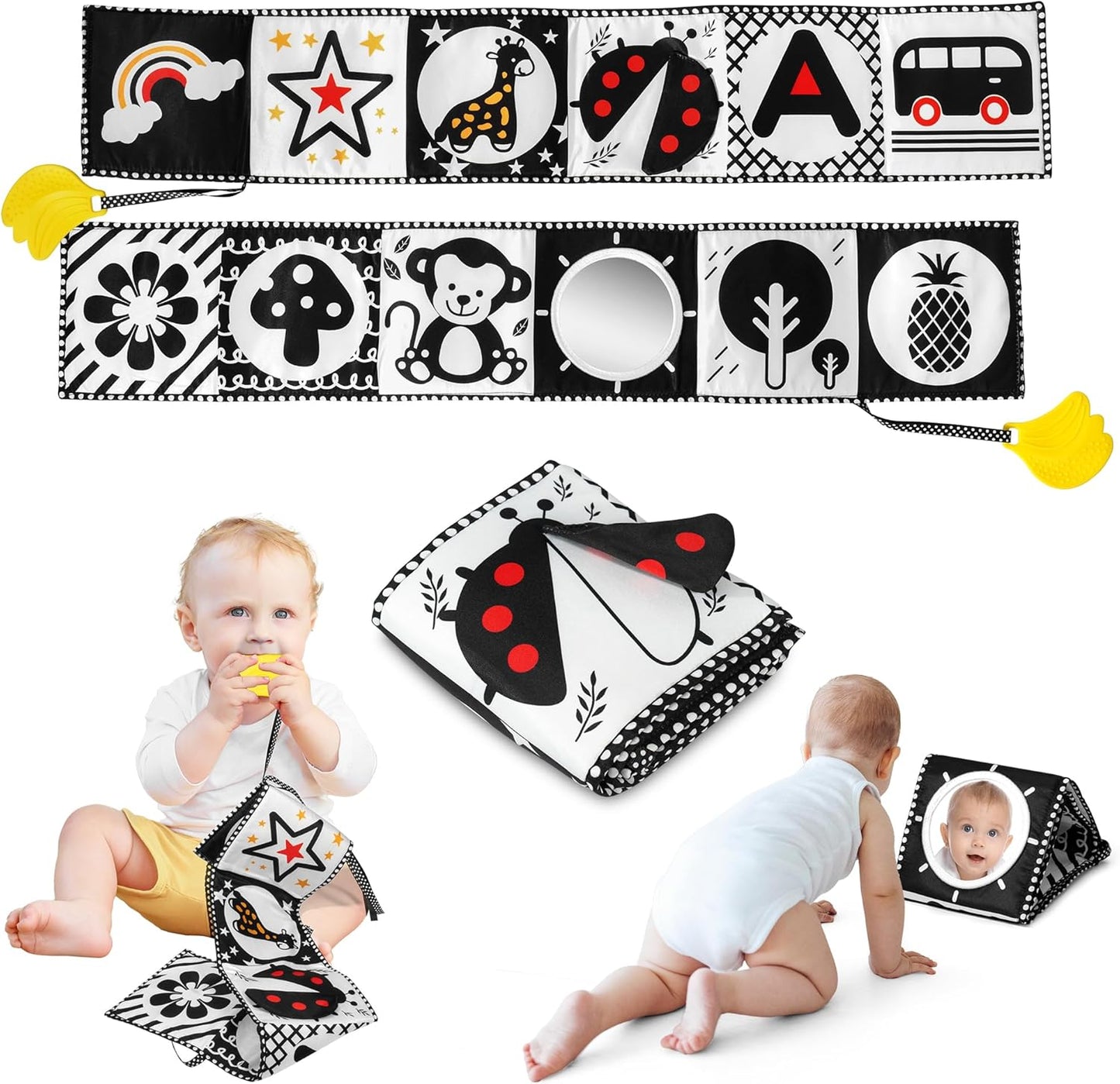 High Contrast Baby Soft Book w/ Teether, Stimulates Visual Development