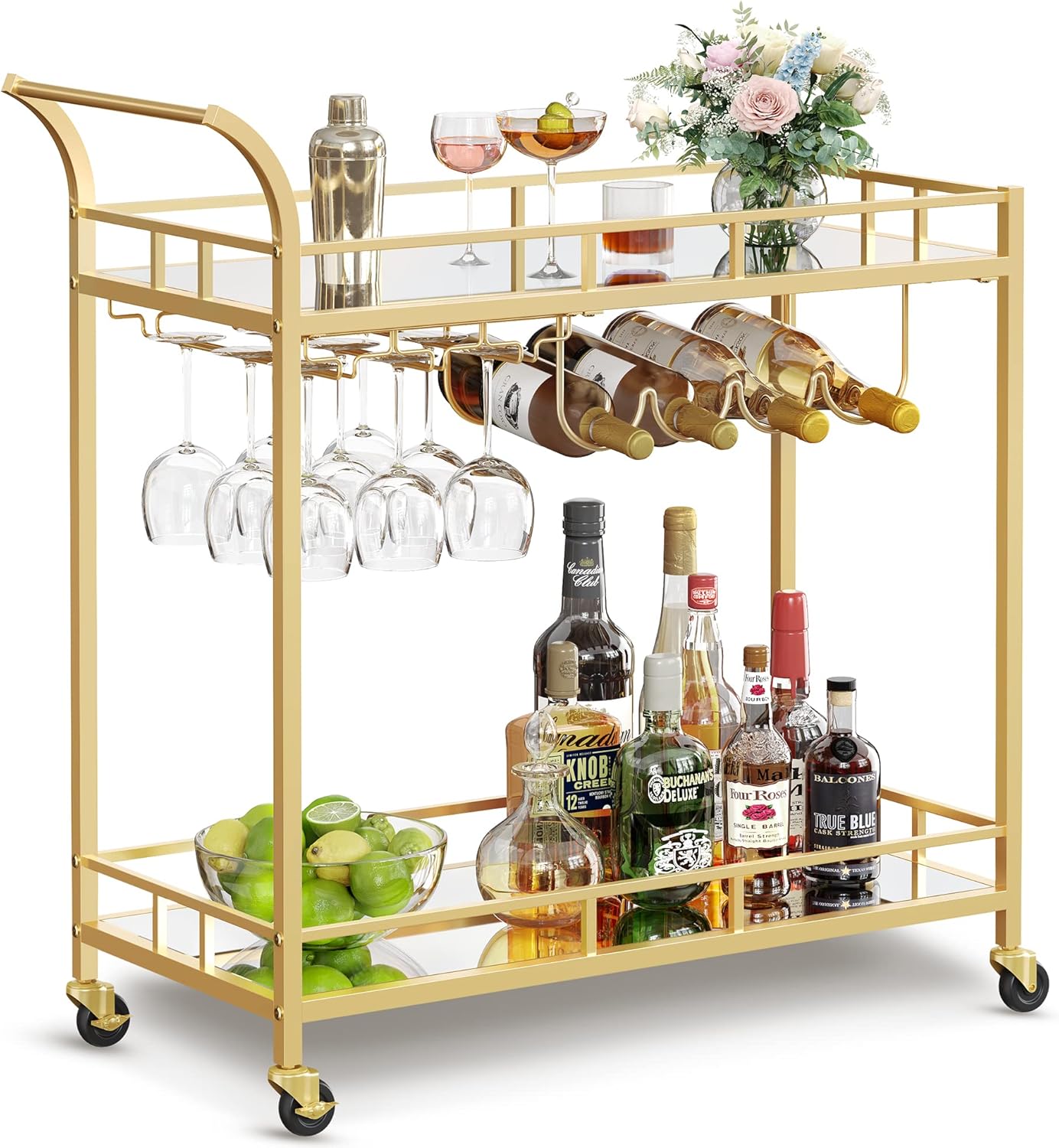 VASAGLE Bar Cart Gold with Mirrored Shelves and Wine Holders