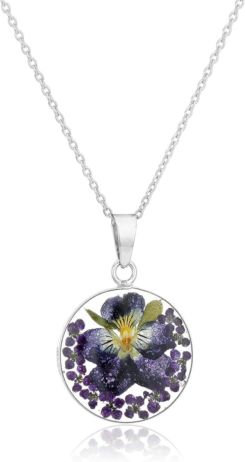 Pressed Flower Round Pendant Necklace in Sterling Silver