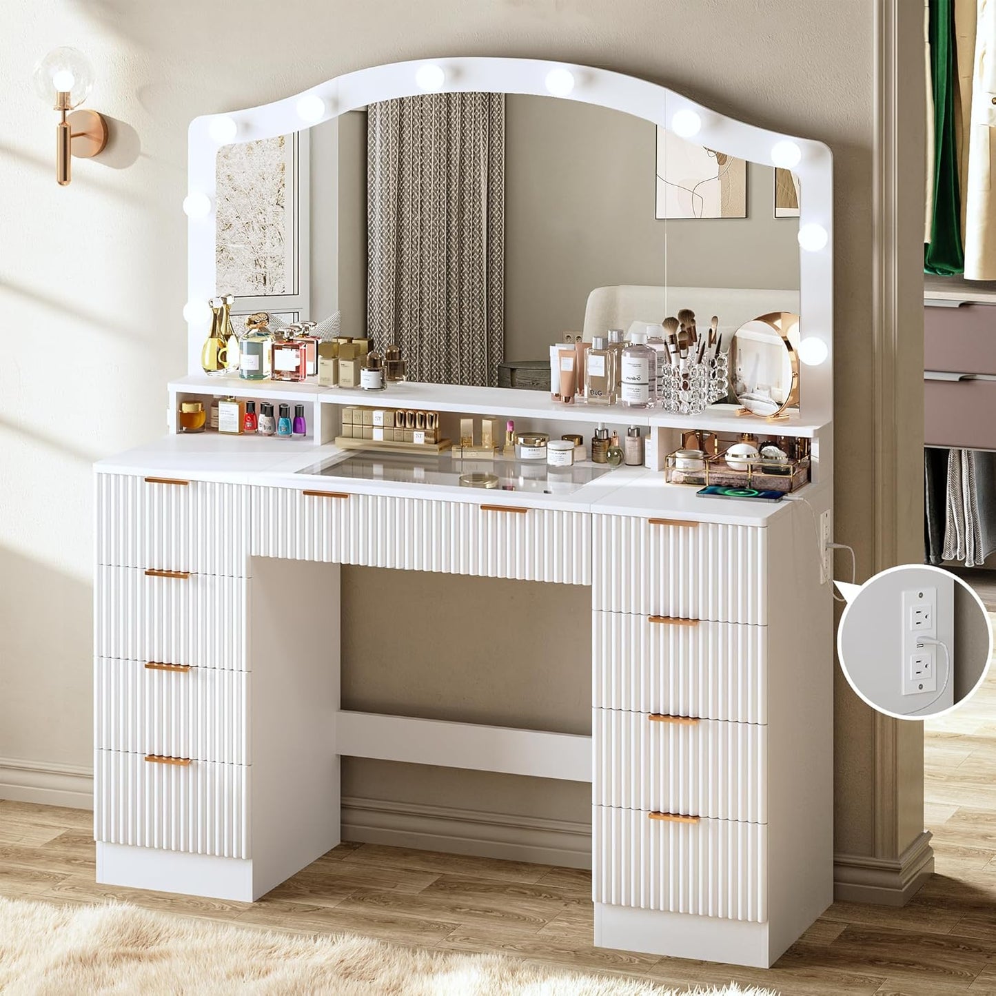 Fluted Vanity Desk with Lights & Glass Top, 9 Drawers, White