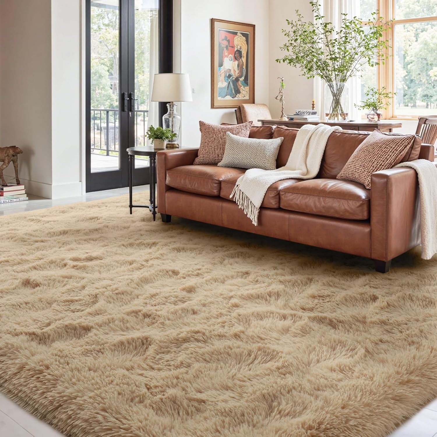9x12 Ft Extra Large Shag Beige Rugs for Living Room Comfort