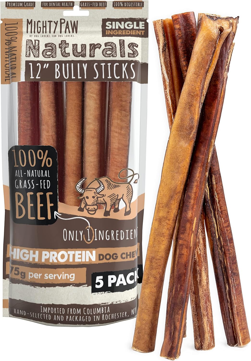 Mighty Paw Naturals Bully Sticks for Dogs - Natural Chews