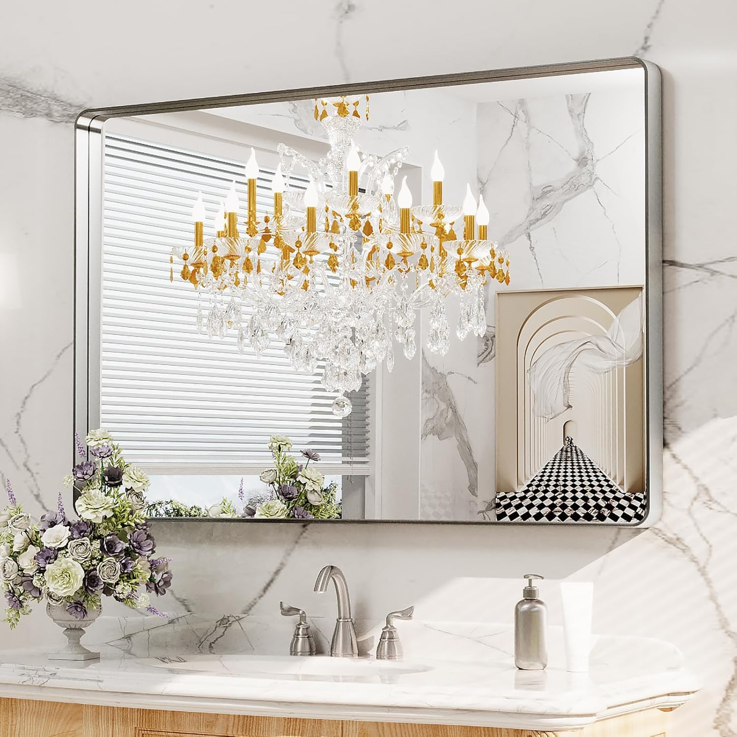 Brushed Nickel Bathroom Mirror with Rounded Rectangle Design
