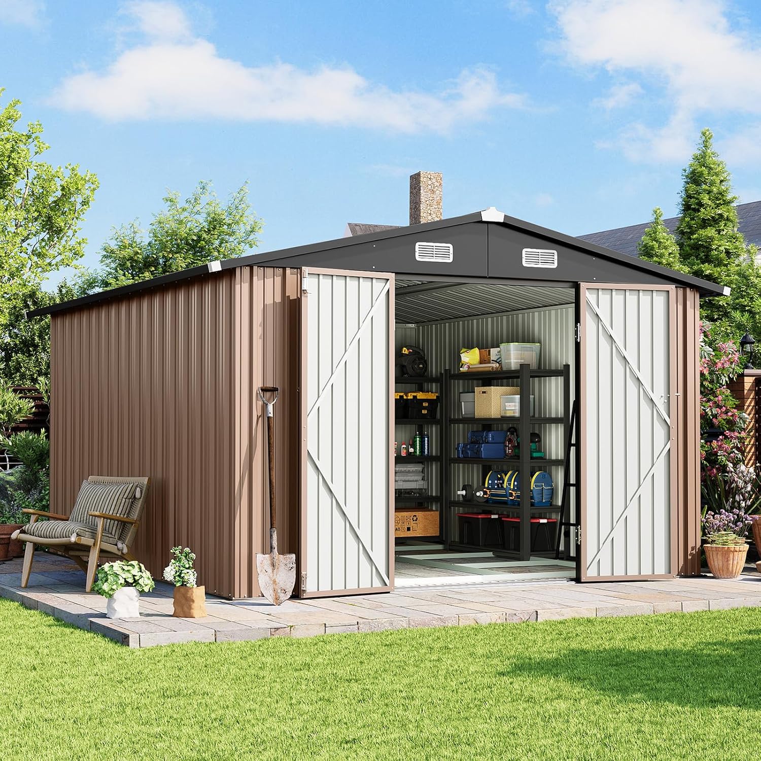 10x12 FT Outdoor Storage Shed with Lockable Double Doors