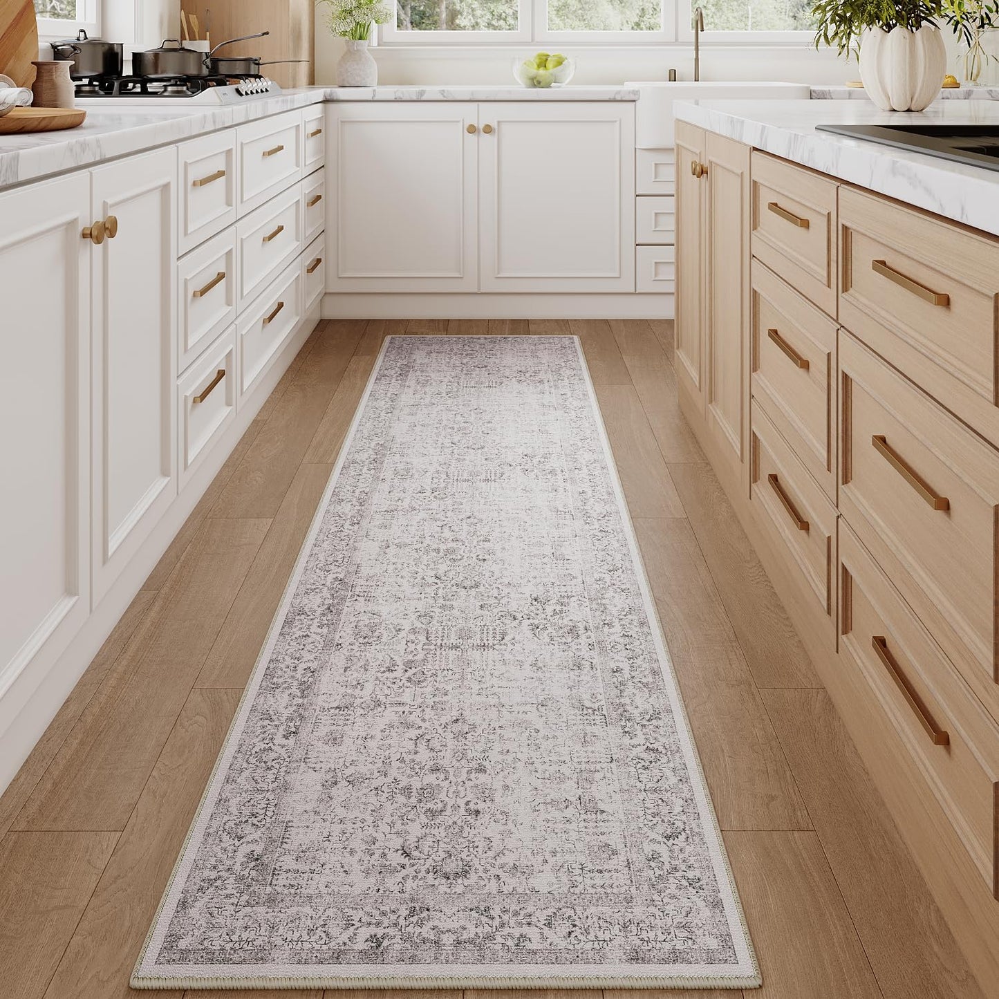 Gray Runner Rug 2x8 Hallway Machine Washable Vintage Style