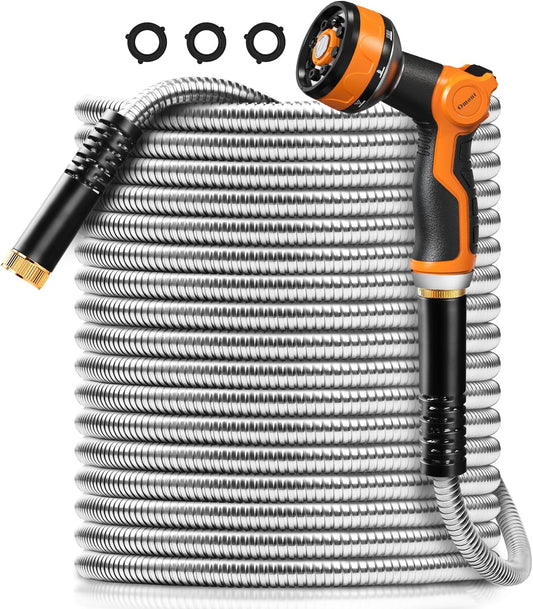 Omont Metal Garden Hose 100FT - Durable, Flexible & Kink-Free
