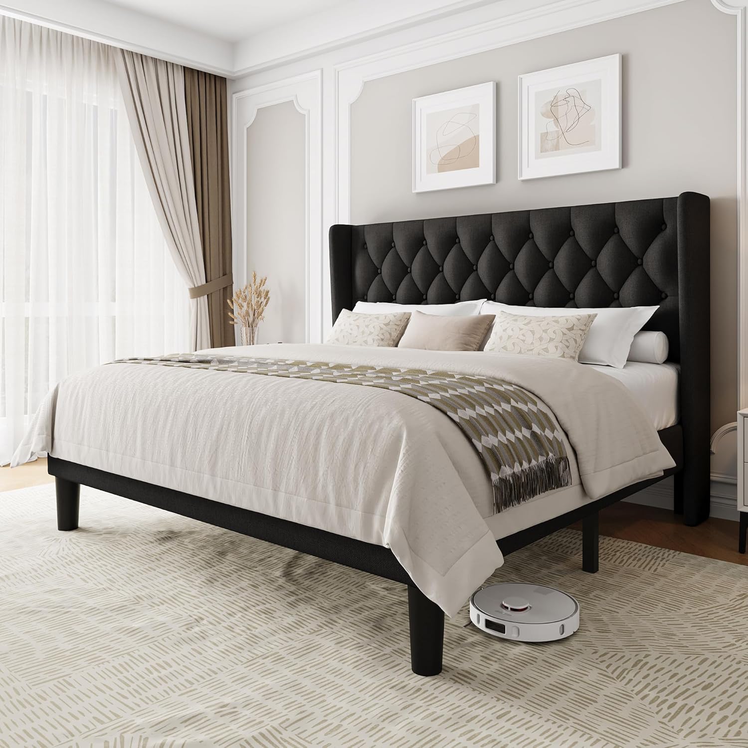 King Size Upholstered Bed Frame with Wingback Headboard Design