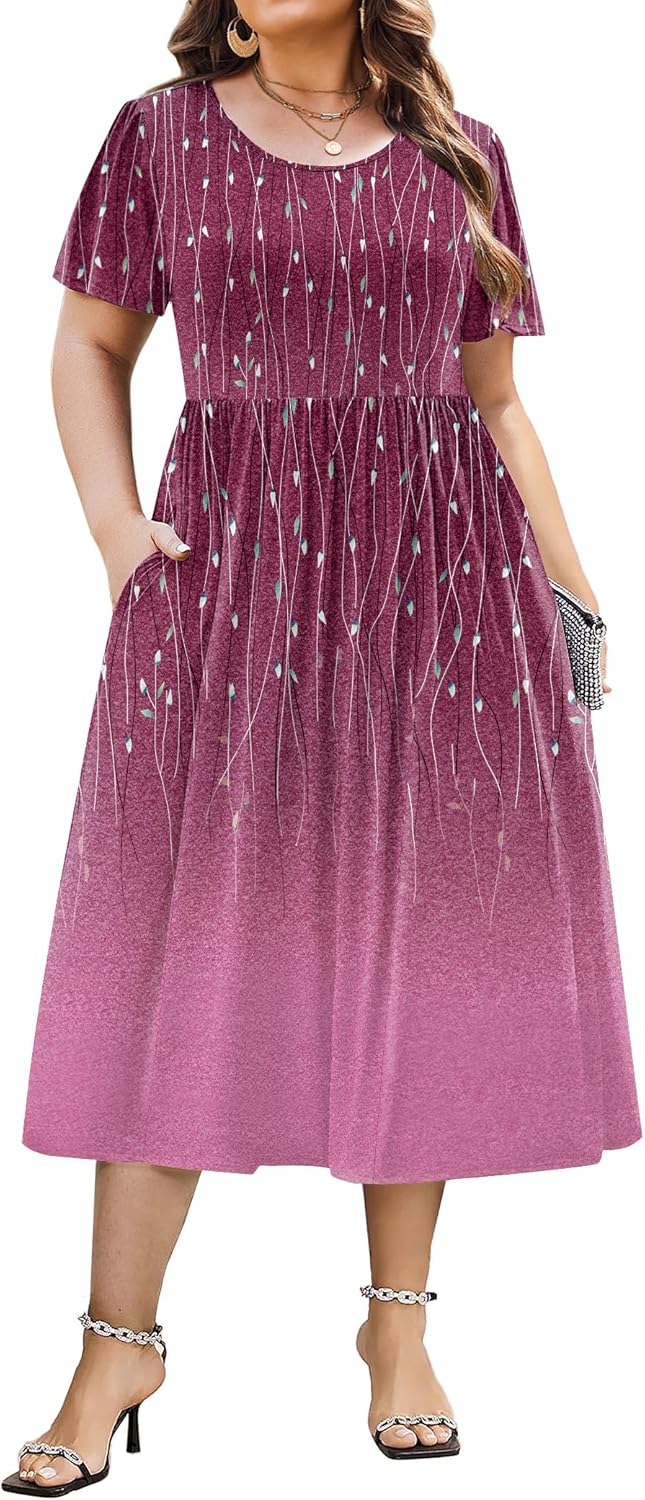Plus Size Short Sleeve A-Line Midi Dress with Pockets for Women