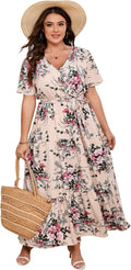 Plus Size V Neck Wrap Maxi Dress - Flattering Summer Wrap Dress ruffle