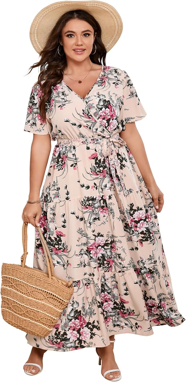 KOJOOIN Women Plus Size V Neck Wrap Maxi Dress for Summer