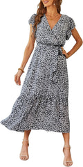 Summer Floral Boho Maxi Dress Wrap V Neck - Flowy Ruffle A-Line