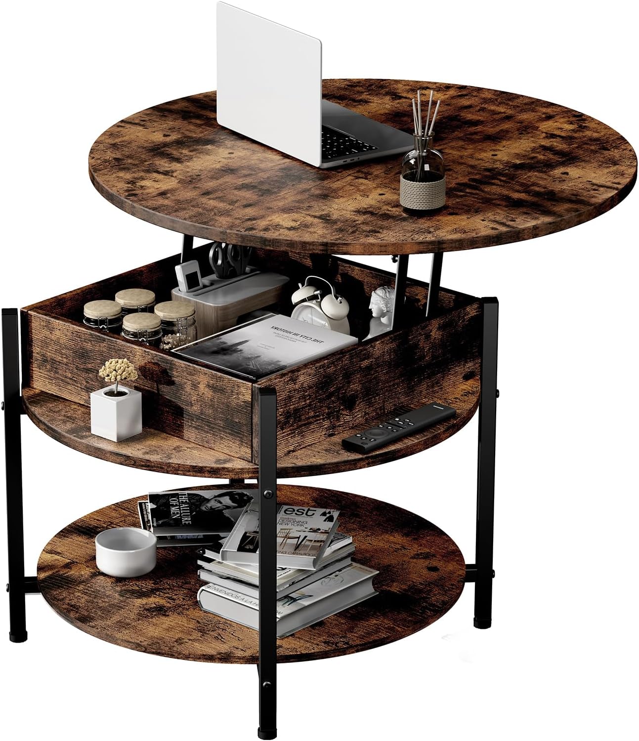 Rustic Lift Top Coffee Table - Hidden Compartment - Adjustable Feet - Brown