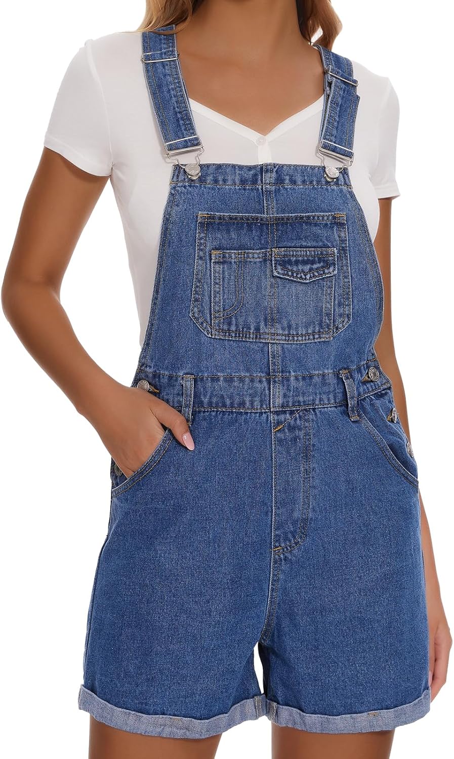 Women's Denim Shortalls with Adjustable Straps and Pockets