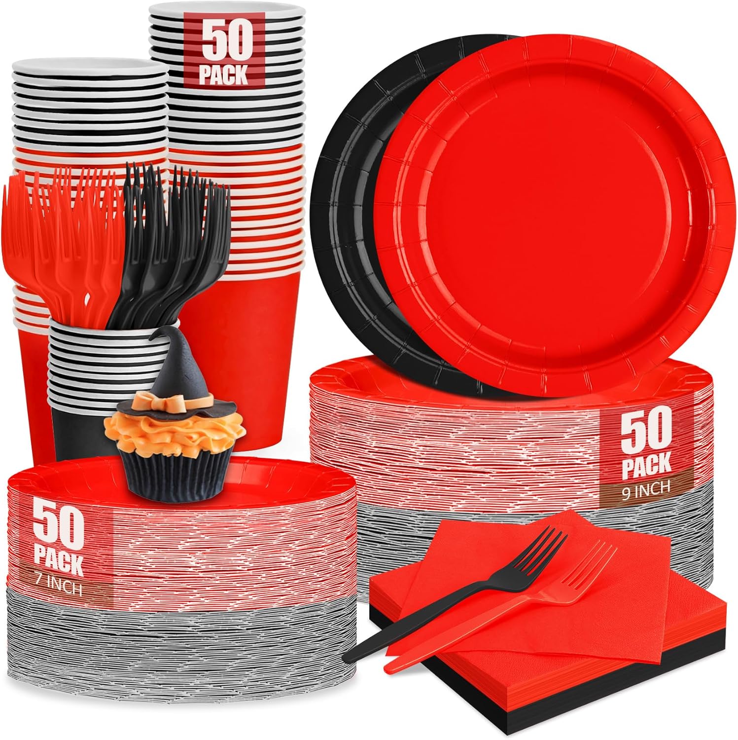 CENLBJ Red and Black Plates and Napkins Party Supplies