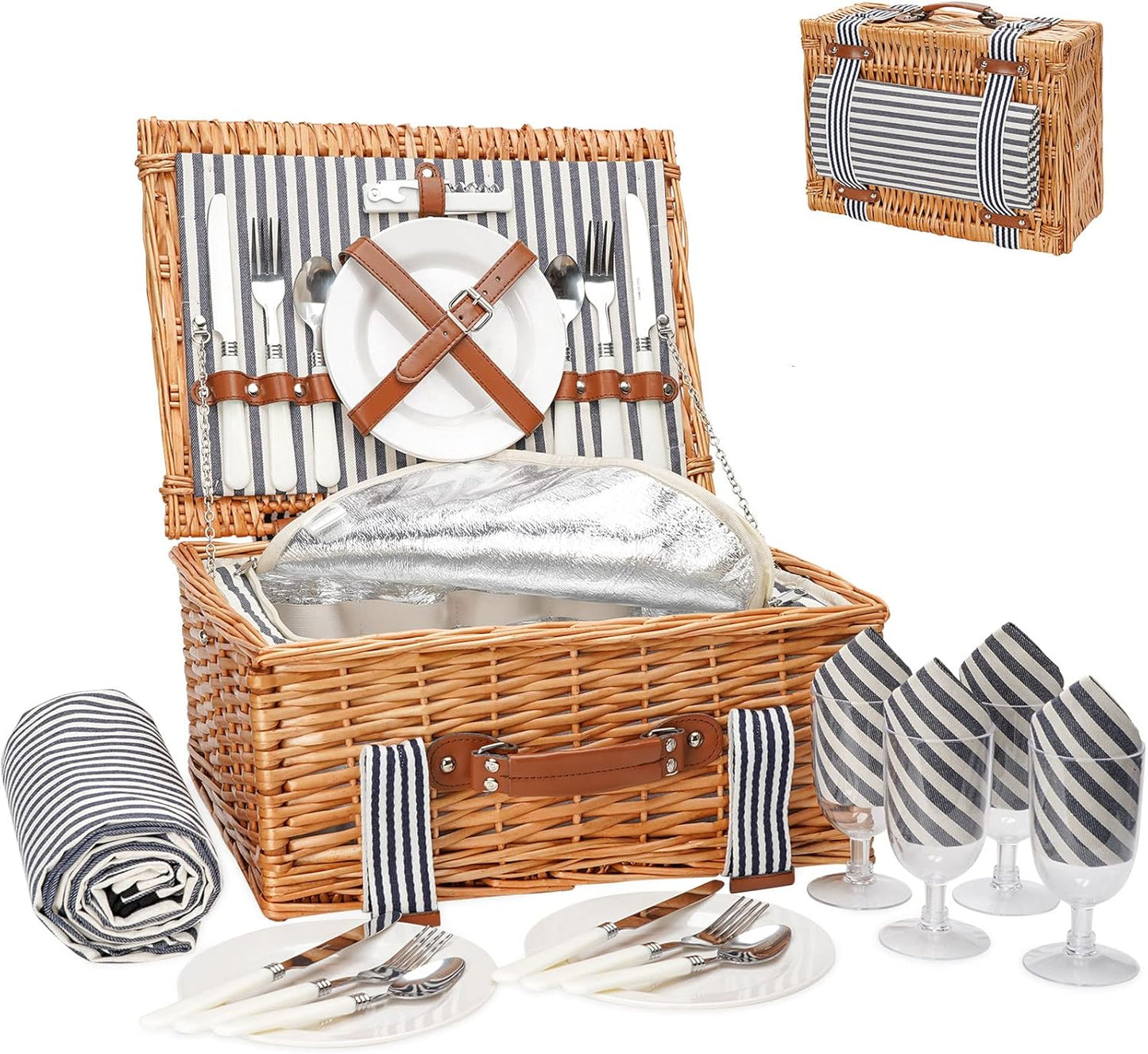 Wicker Picnic Basket Set for 4 with Blanket and Cooler