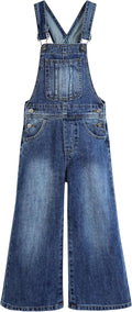 Girls Wide-Leg Denim Overalls - Soft Washed Dungarees Pants