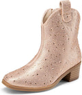 Girls Rhinestone Cowgirl Boots Ankle Low Heel - Easy Zip On