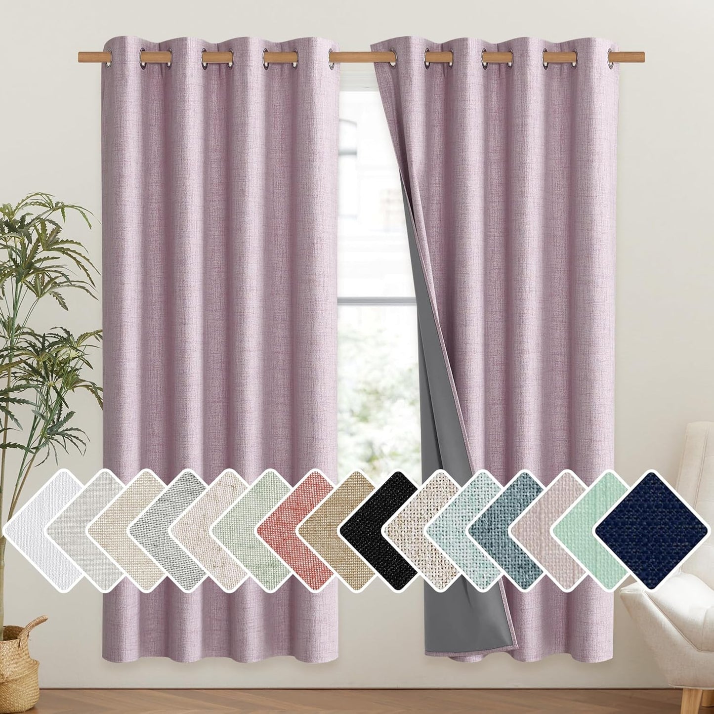 NICETOWN Pink Vintage Linen Blackout Curtains for Living Room