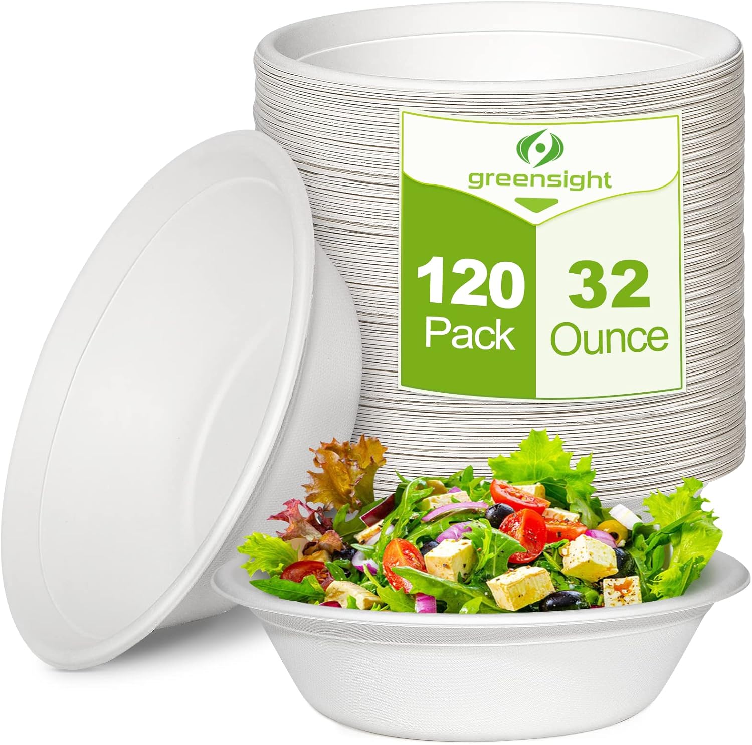 Large Compostable Paper Bowls - 32 oz, 120 Pack for Meals