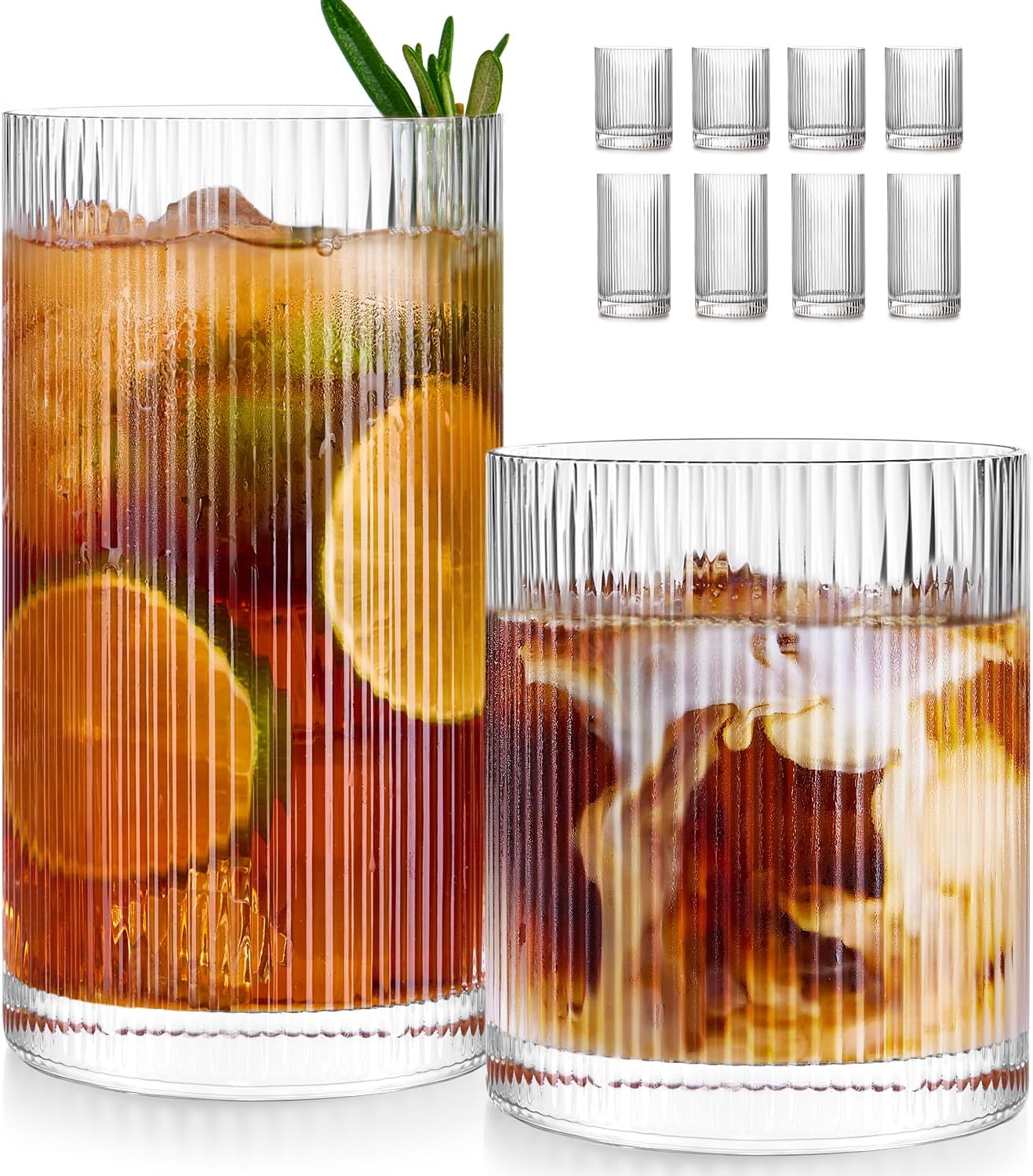 Ribbed Glass Cups Set of 8 - Stylish Highball and Rocks Glasses