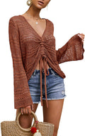 Boho Off Shoulder Sheer Crop Top - Flowy Crochet V Neck