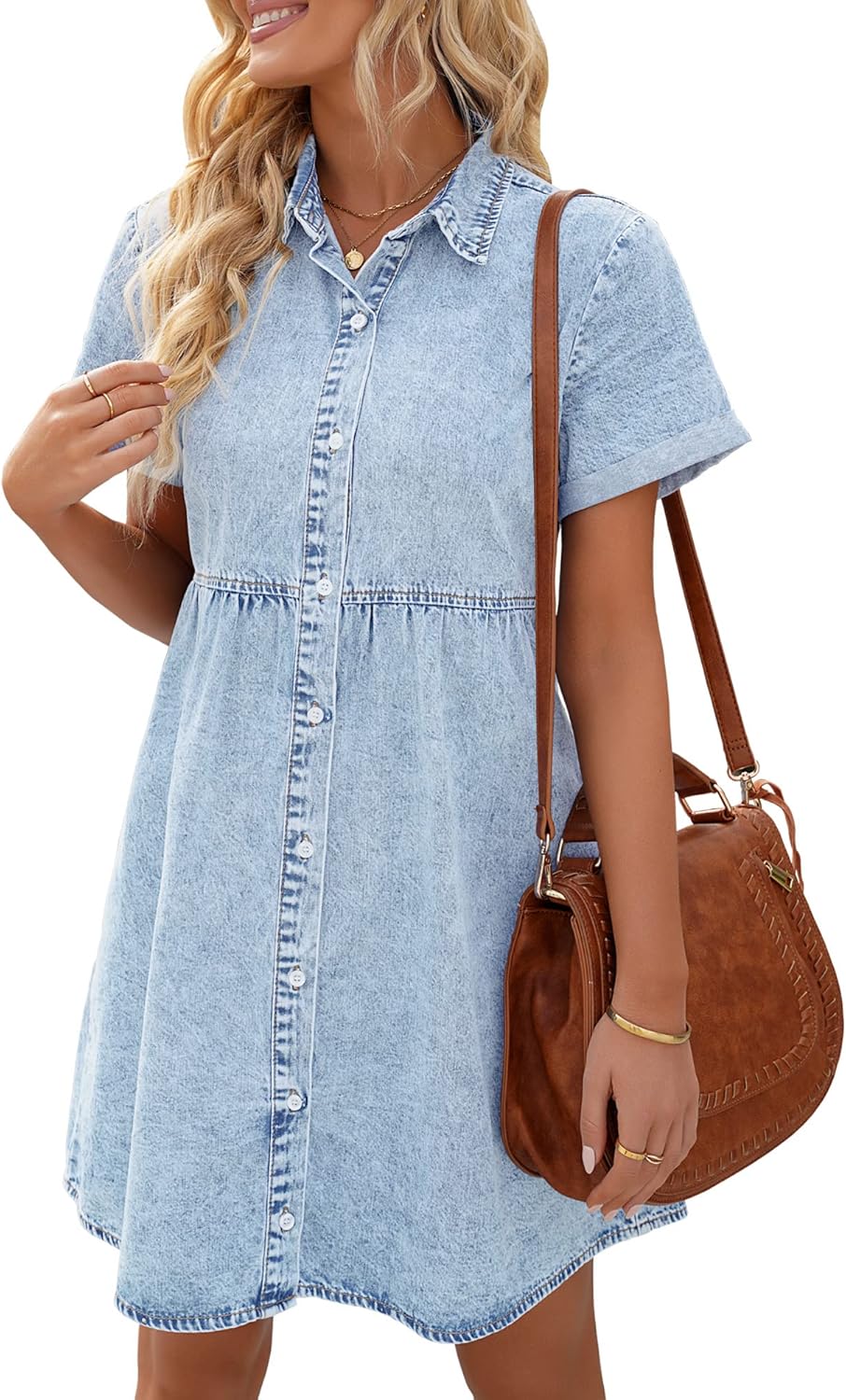 Stylish LookbookStore Women's Short Sleeve Denim Babydoll Dress