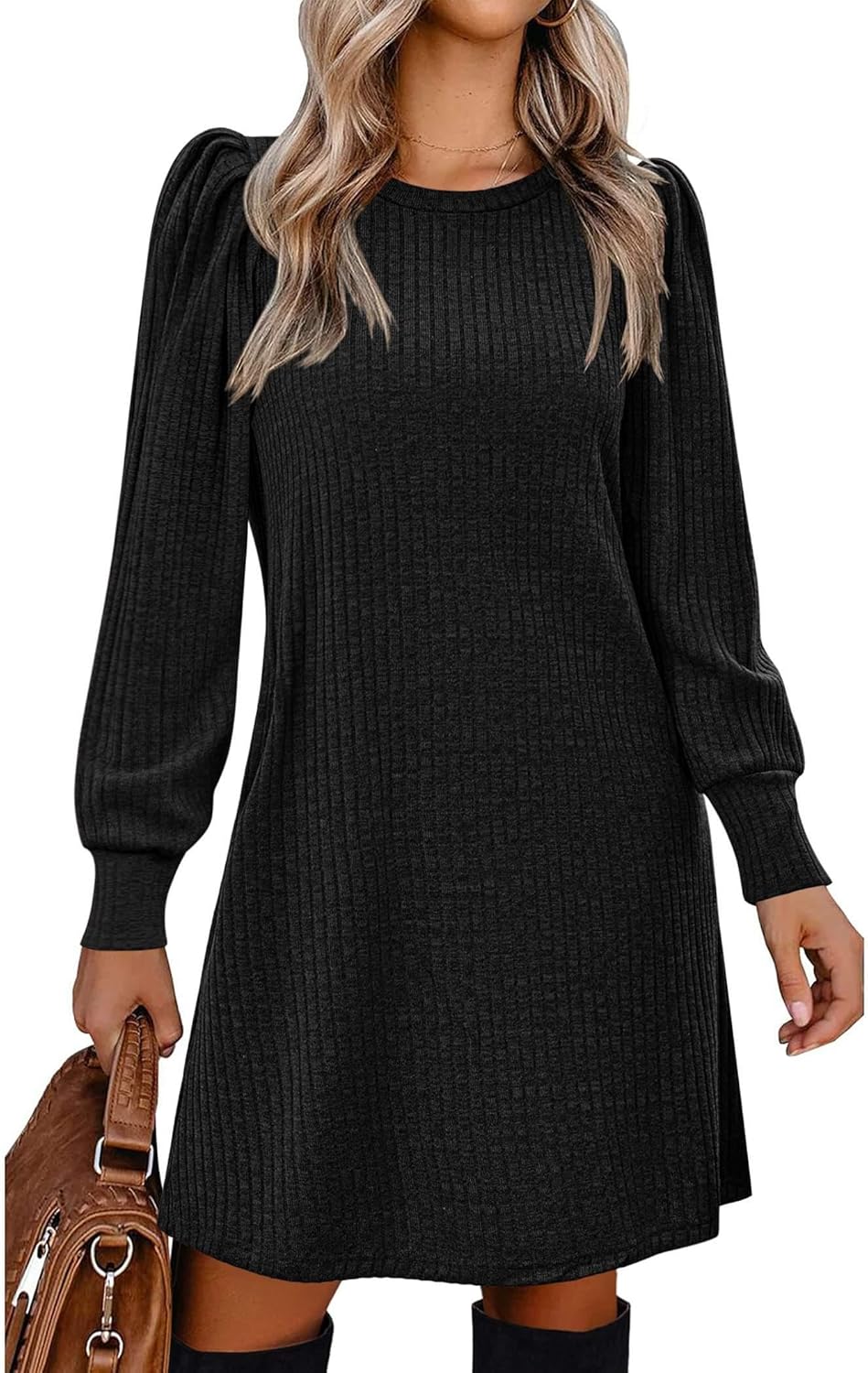 Stylish Women's Knit Dress with Puff Sleeves for Fall & Winter