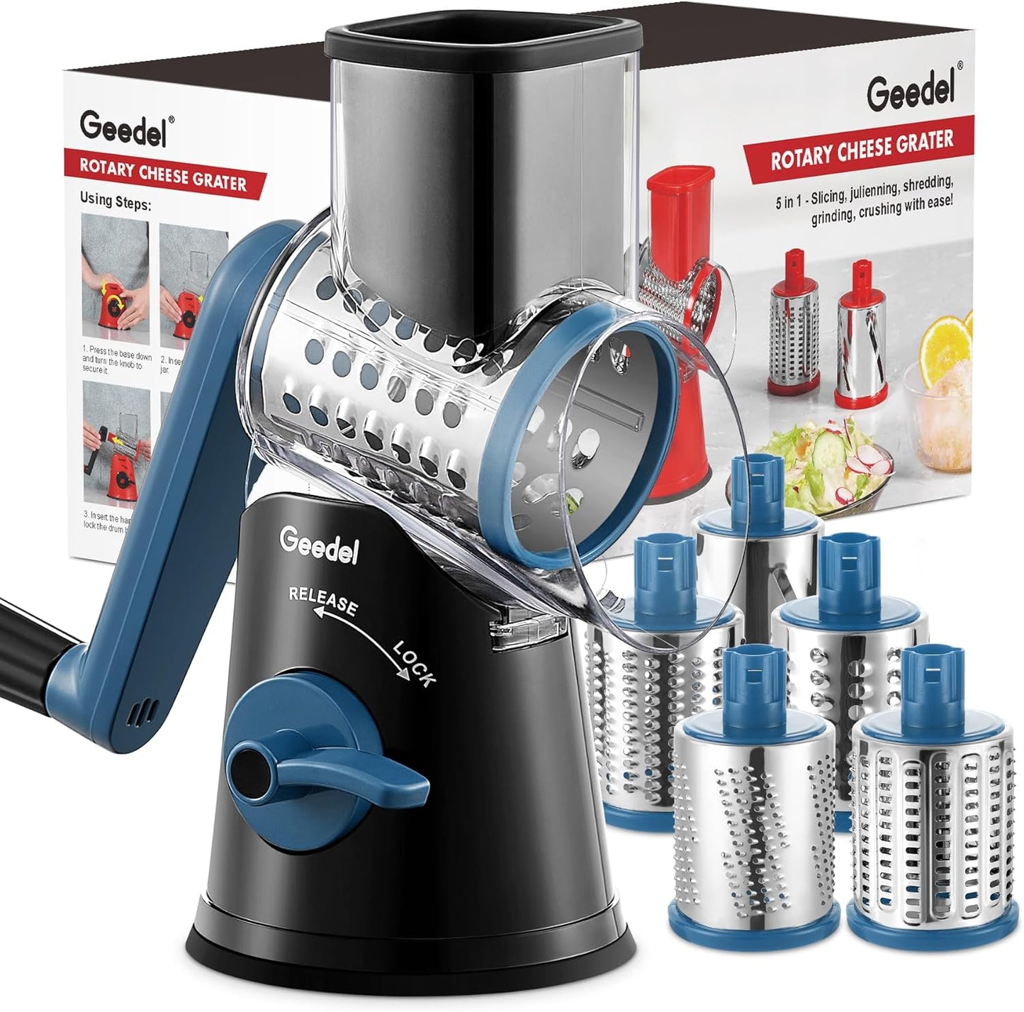 Geedel Rotary Cheese Grater - Upgraded 5-in-1 Kitchen Tool