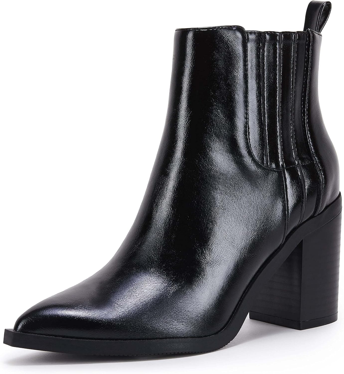 Womens Ankle Boots Slip on Pointed Toe Chunky Block Mid Heel