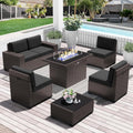 LayinSun 7 Pieces Brown Rattan Patio Furniture Set with Fire Pit
