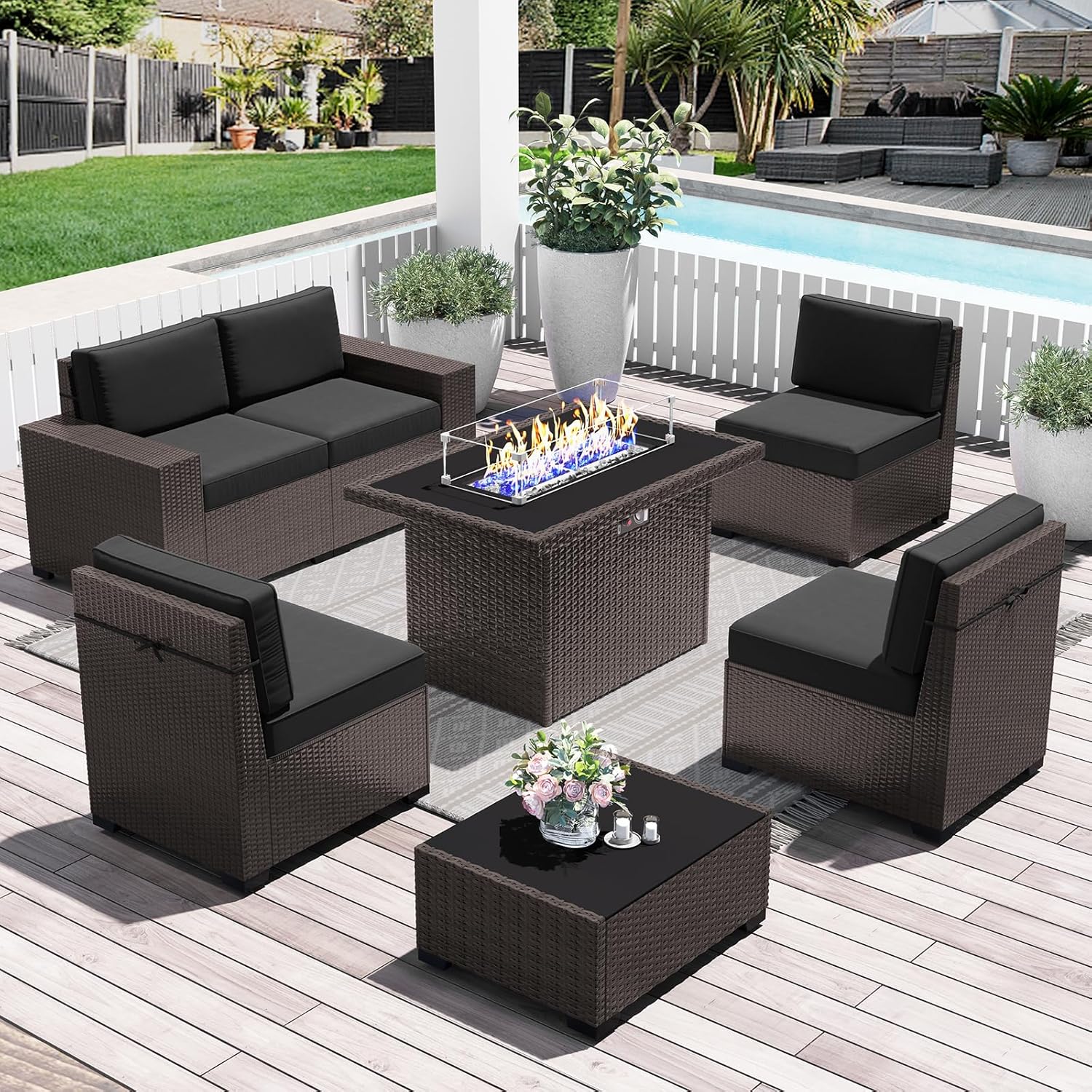 LayinSun 7 Pieces Outdoor Patio Furniture Set with Fire Pit Table