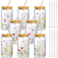 Wild Flower Glass Tumbler Set 8 Pack - 16 oz Floral Can Glasses