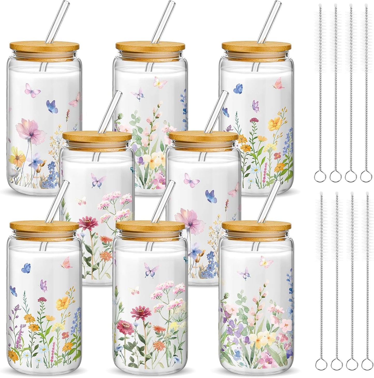 Wild Flower Glass Tumbler Set for Women - 8 Pcs Gift Idea