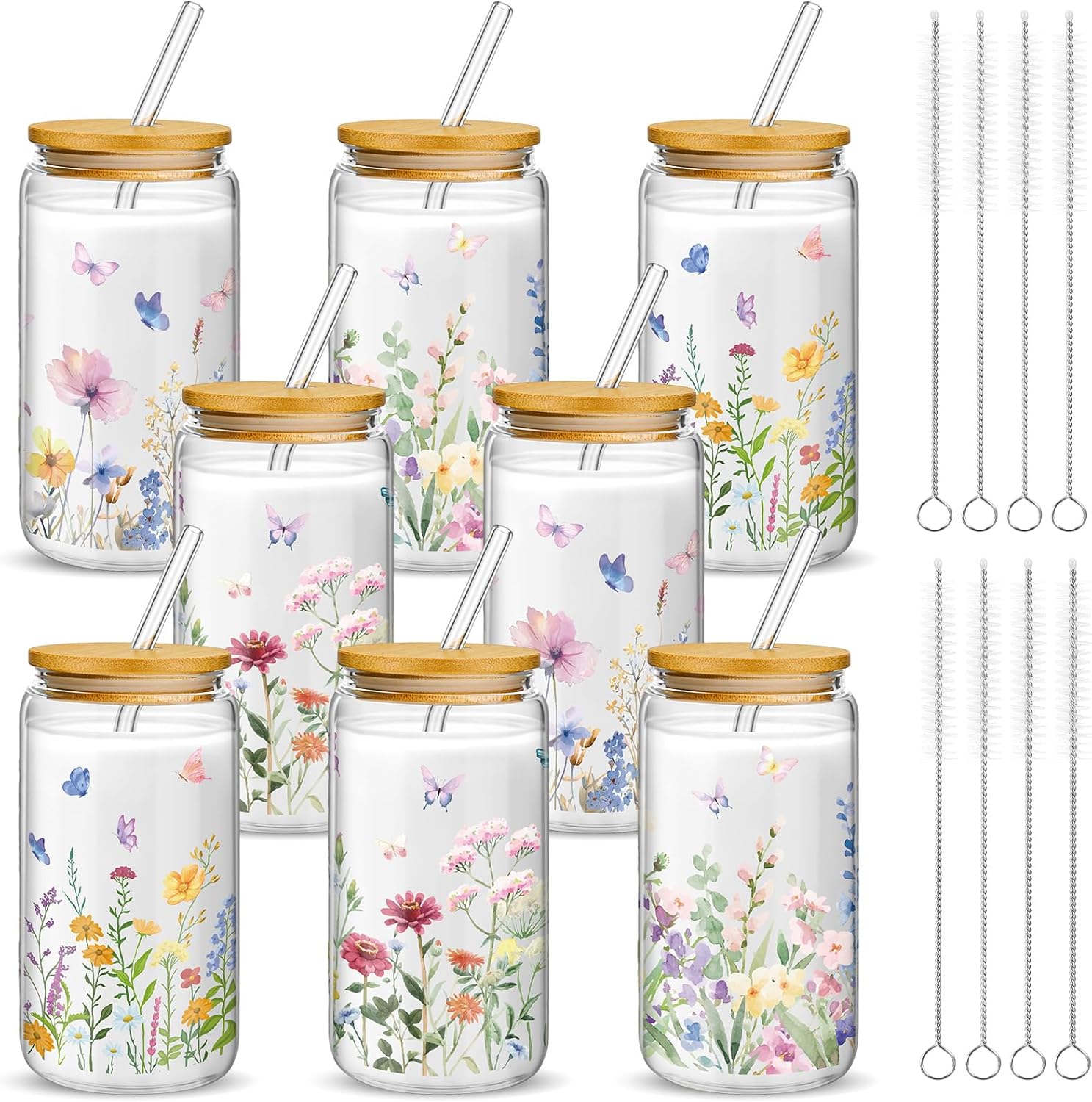 Wild Flower Glass Tumbler Set for Women - 8 Pcs Gift Idea
