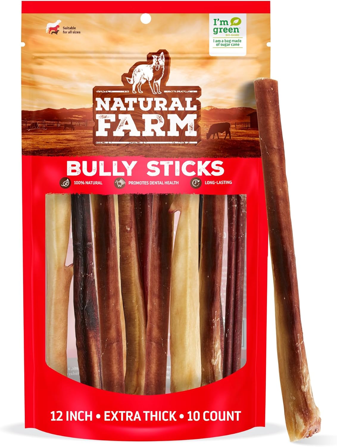 Natural Farm Thick Bully Sticks for Large Dogs - 10-Pack