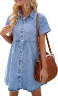 LookbookStore Women's Short Sleeve Button Down Denim Babydoll Dress no