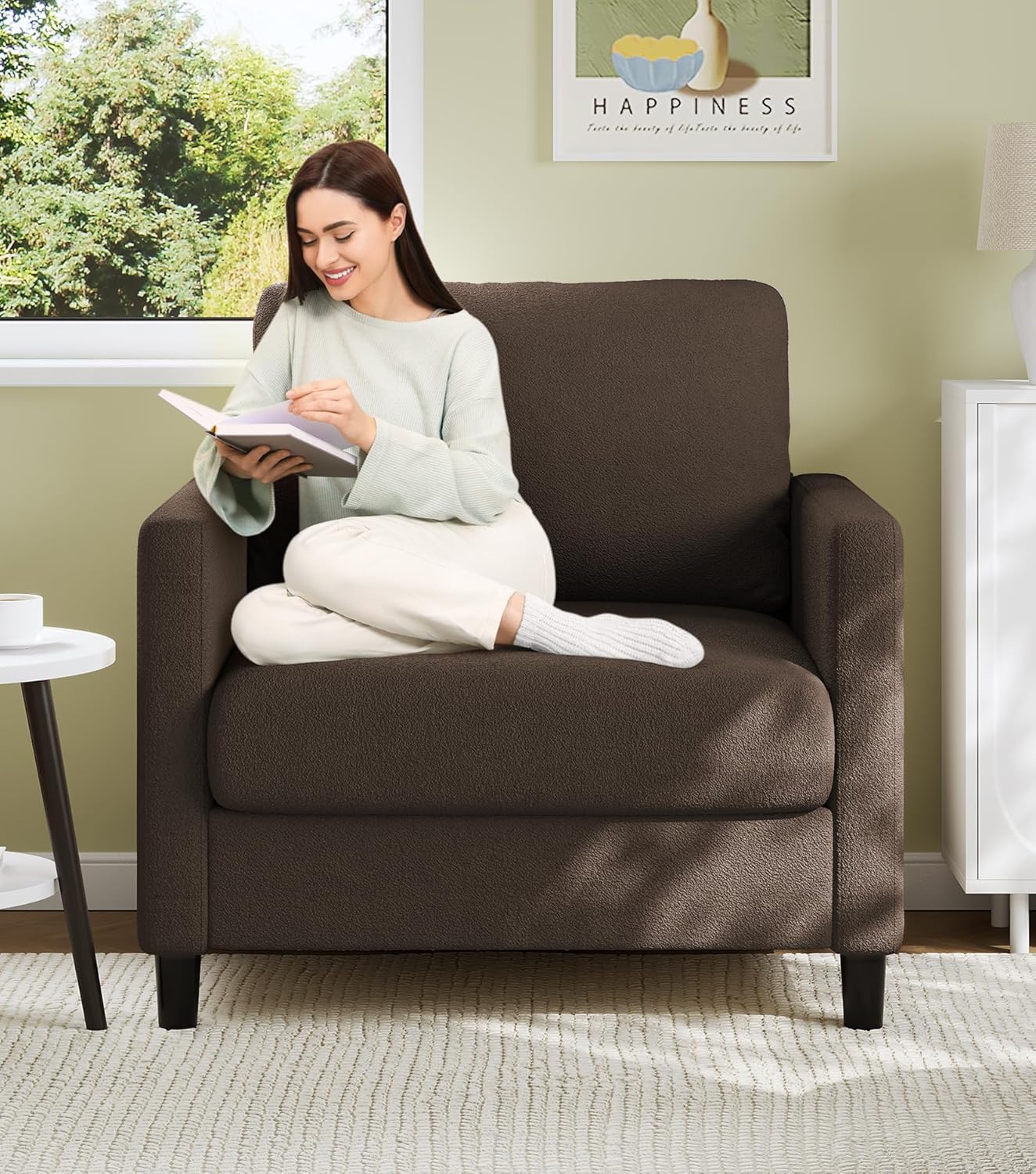 Cozy Brown Reading Chair, Tool-Free Setup, All-Wood, Welzona