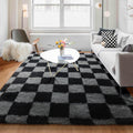 Checkered Rugs for Living Room 5x8 Black and Grey - Fluffy Plush Shag